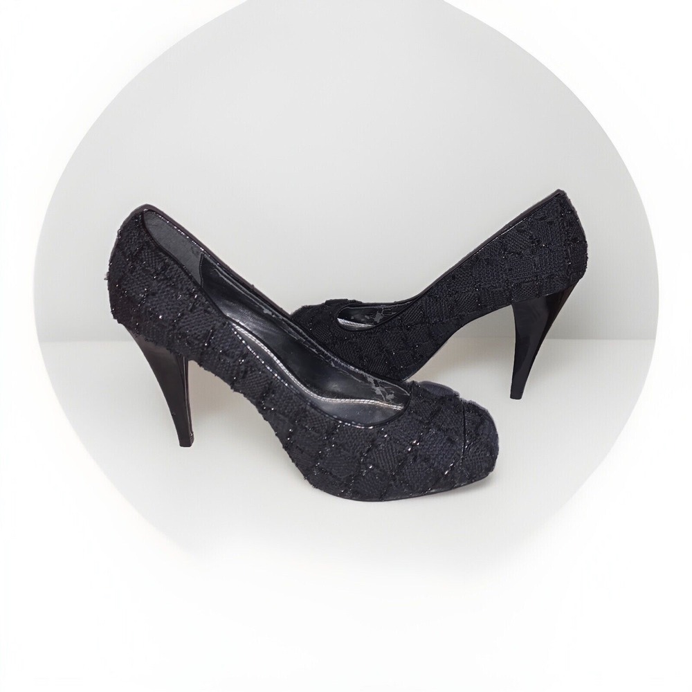 White House Black Market Edison Pumps Womens 8.5 Black Tweed Metallic Heels Glam